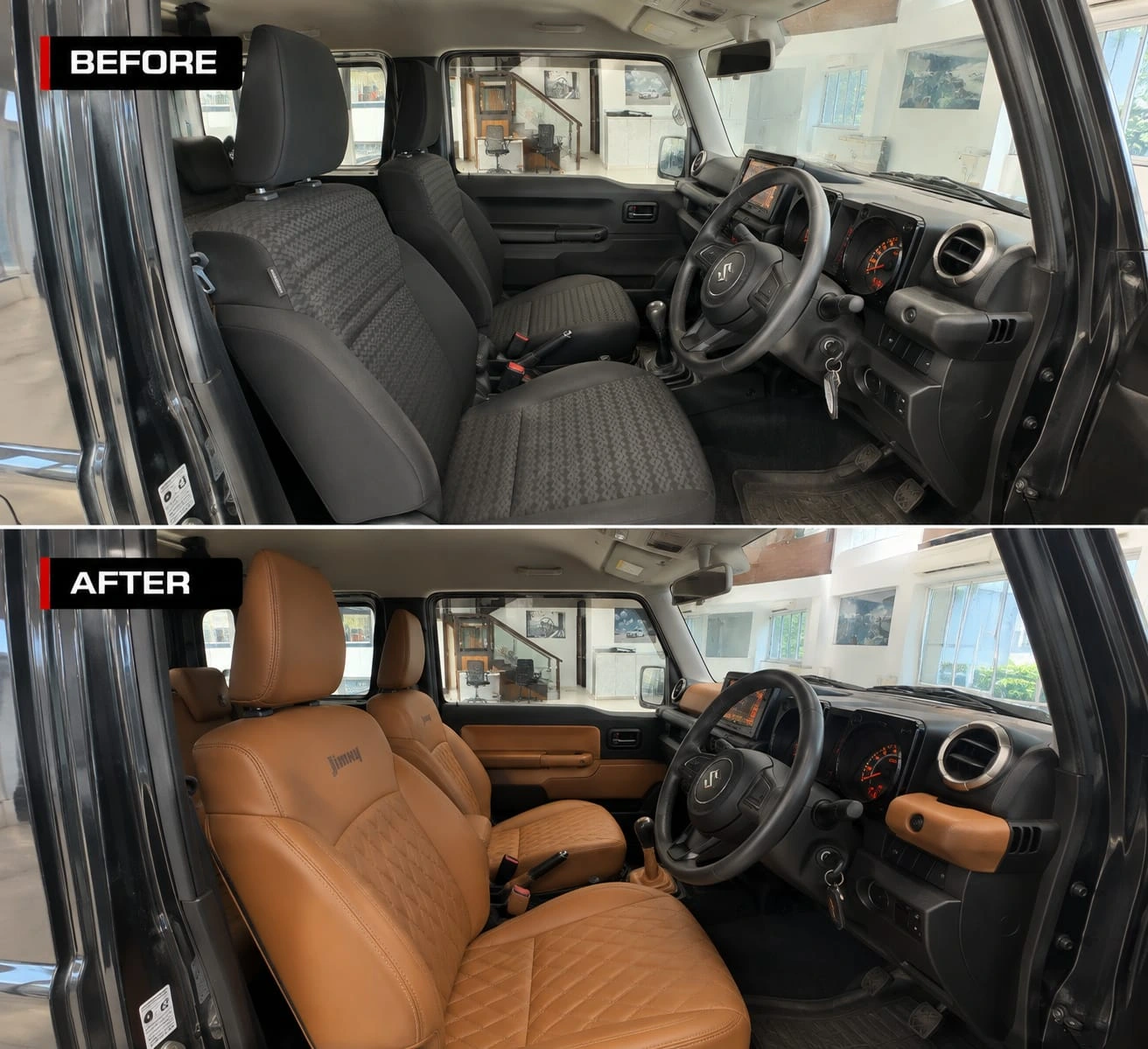 Real Revautoz work — Suzuki Jimny factory fabric cabin before, bespoke tan diamond-stitched leather interior after