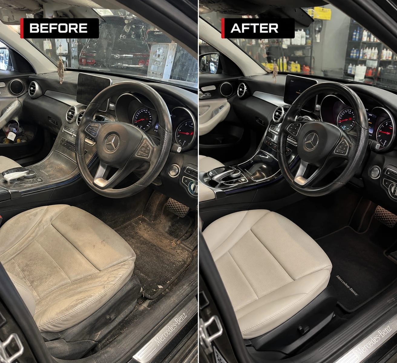 Real Revautoz work — Mercedes-Benz cabin before and after interior deep cleaning, seats and carpets restored