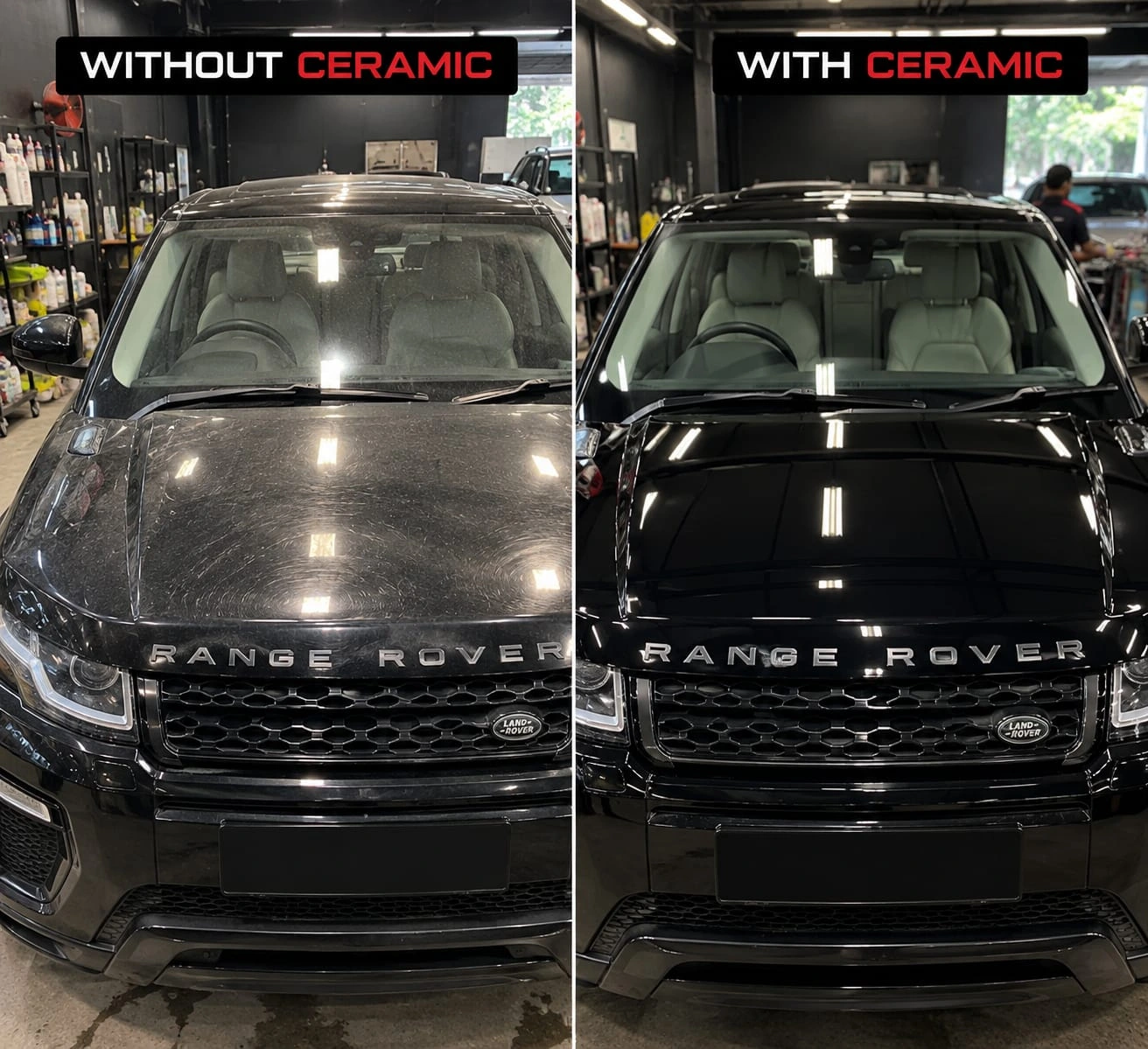 Real Revautoz work — Range Rover bonnet without ceramic versus with ceramic coating, deep reflective gloss after application