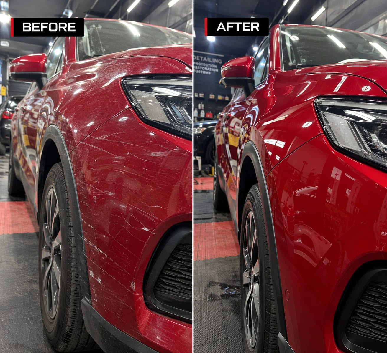 Real Revautoz work — Kia Seltos fender covered in deep scratches before, clean deep gloss after paint correction