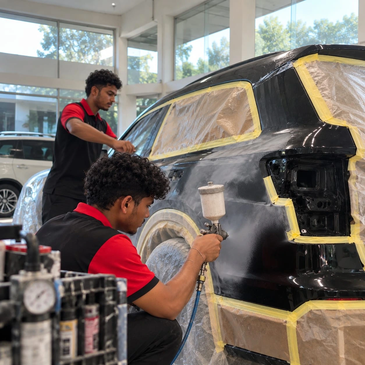 Real Revautoz work — technician spray-painting a masked SUV panel inside the Revautoz bodyshop