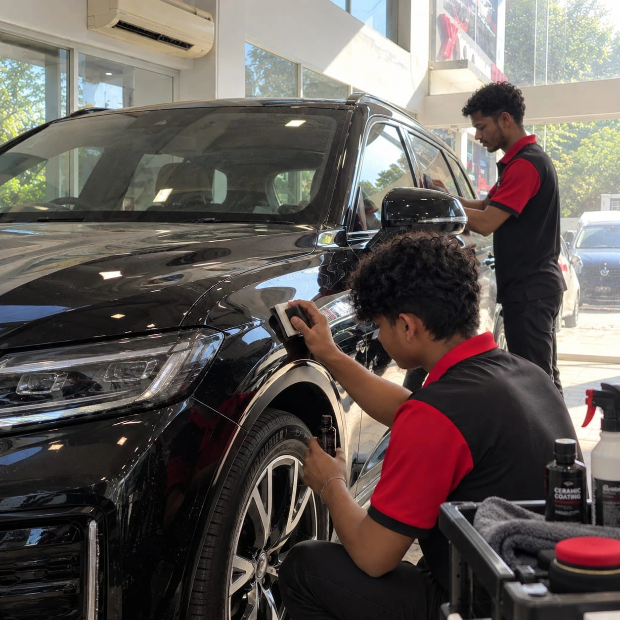 Real Revautoz work — ceramic coating being hand-applied to a black SUV