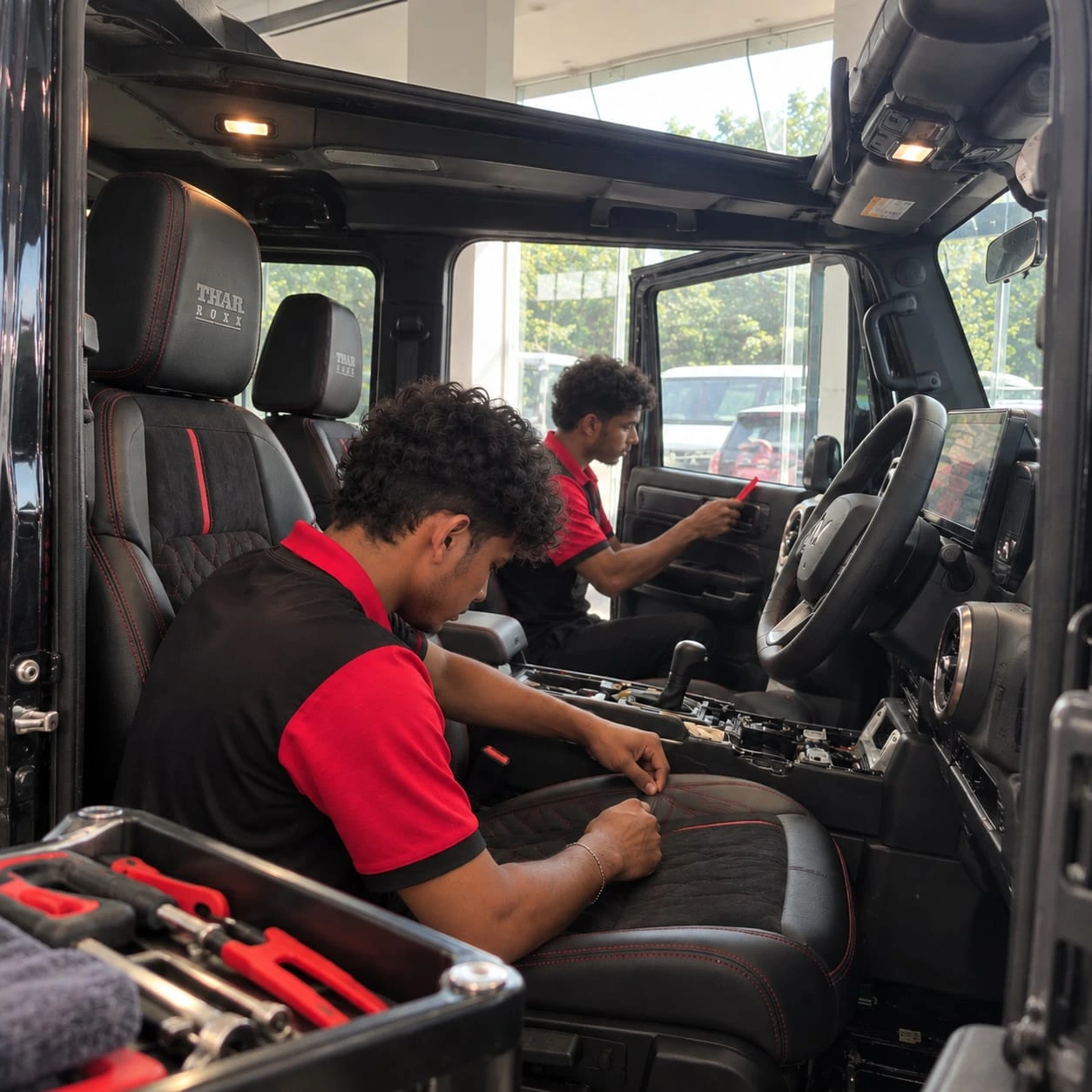 Real Revautoz work — technicians retrimming a Mahindra Thar Roxx interior in black leather with red stitching