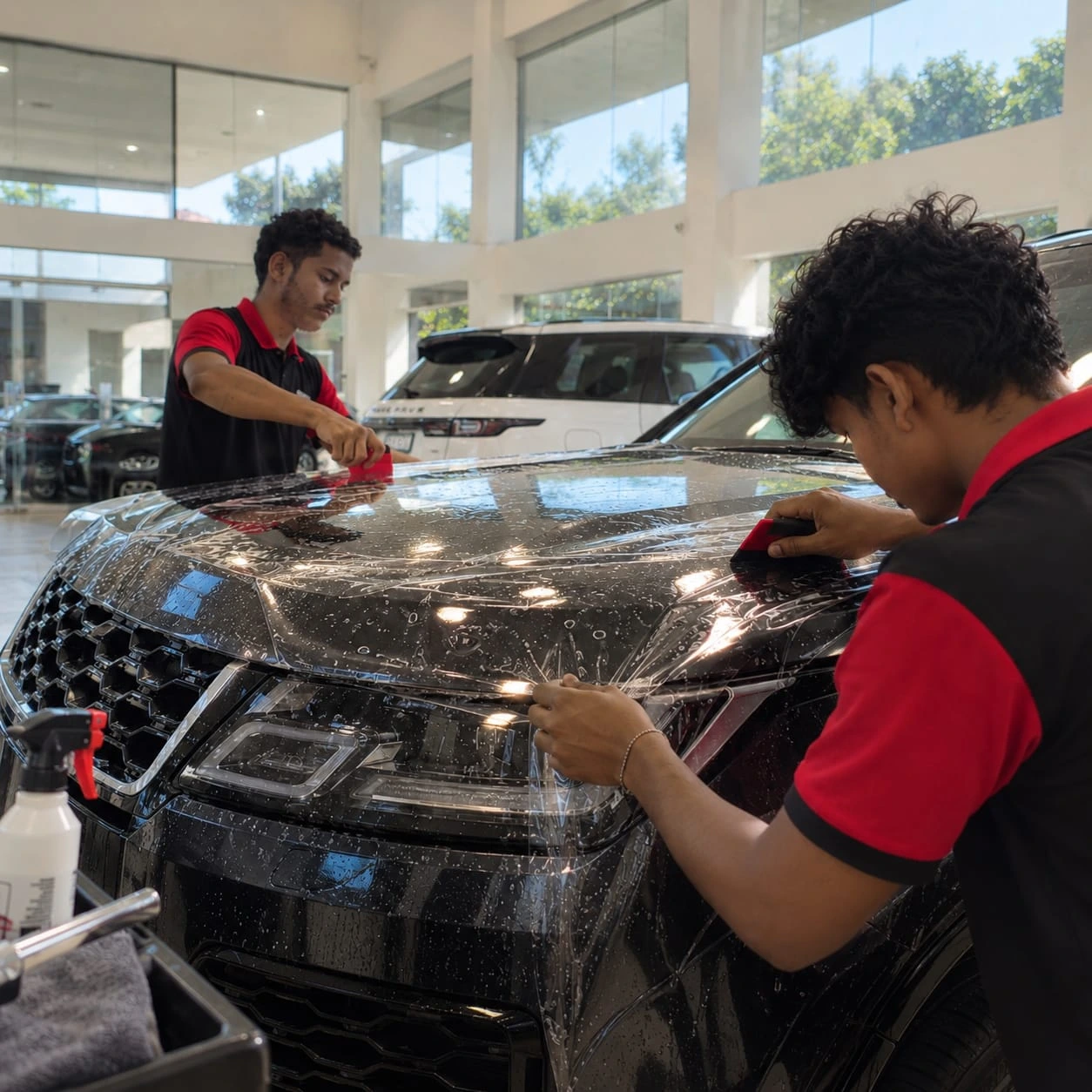 Real Revautoz work — technicians precision-installing paint protection film on a Kia Seltos bonnet