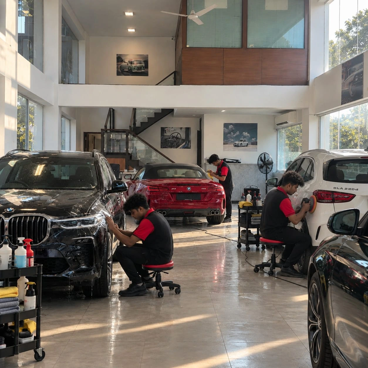 Real Revautoz studio floor — technicians polishing a BMW X7 and Mercedes GLA with a BMW Z4 behind